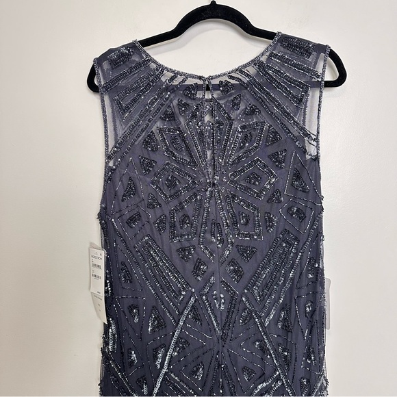 Pisarro Nights Slate Blue Geometric Beaded Sleeveless Gown D-2621 Size 14 - Picture 7 of 13